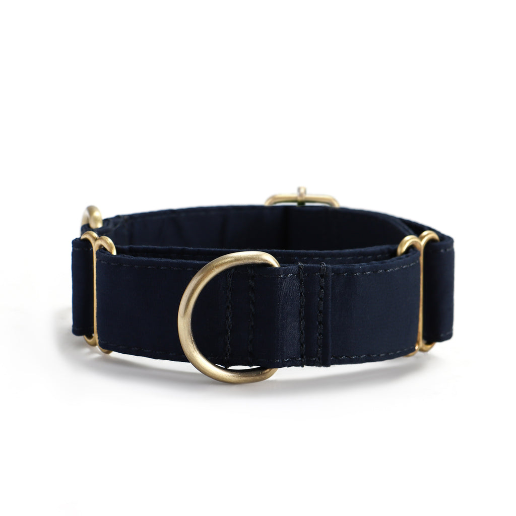 100% Cotton Martingale Dog Collar Brass   Navy front