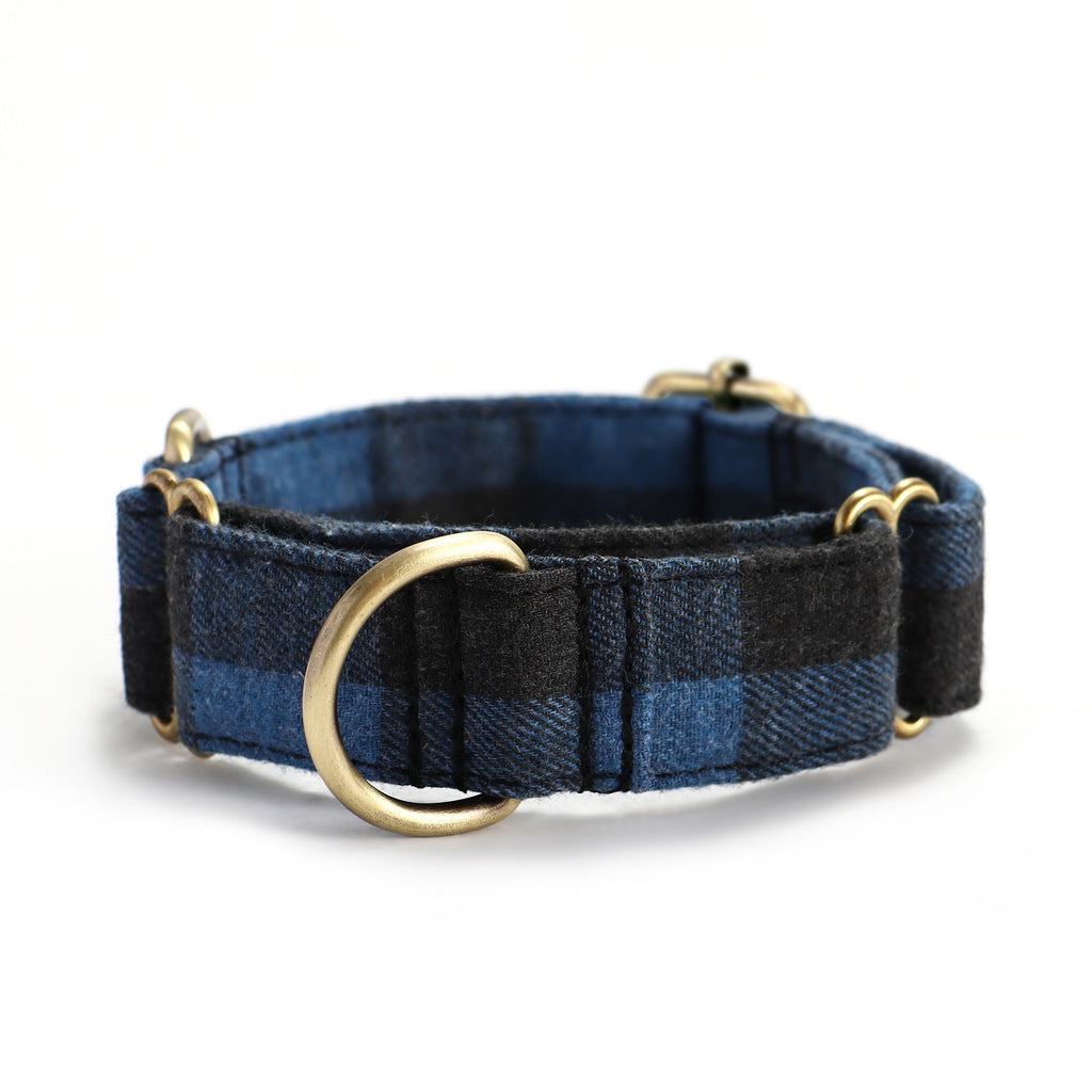 100% Cotton Martingale Dog Collar Brass  Plaid Blue front