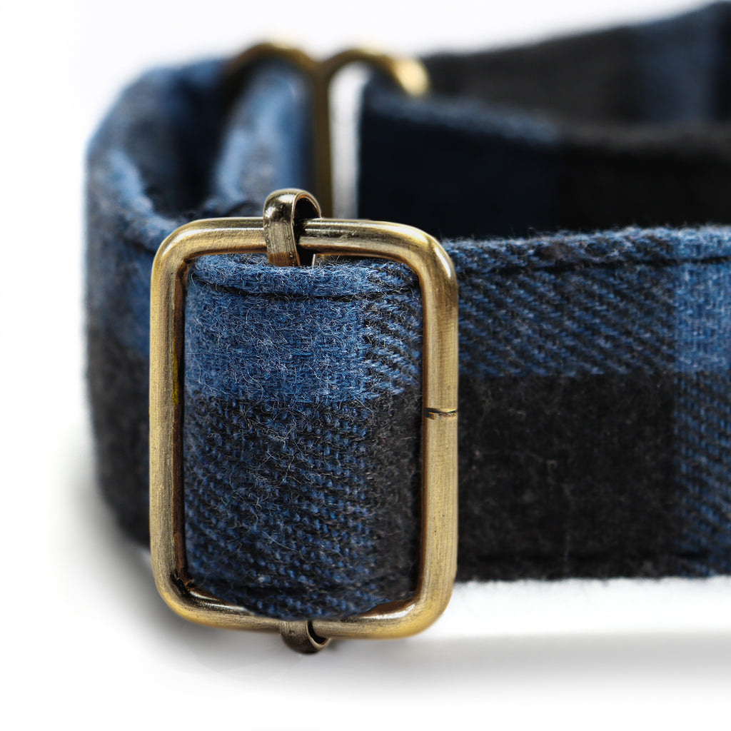 100% Cotton Martingale Dog Collar Brass  Plaid Blue hardware