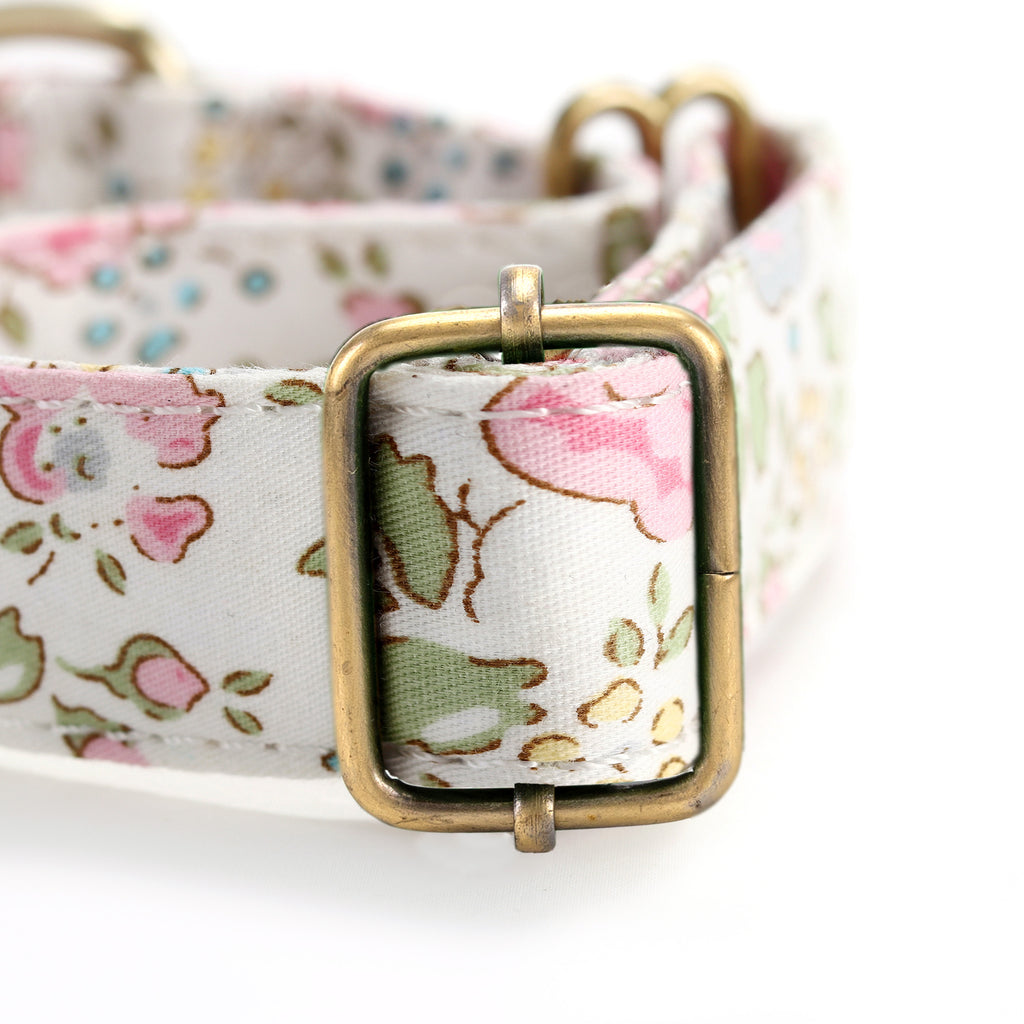 100% Cotton Martingale Dog Collar Brass  Vintage Rose Pink hardware