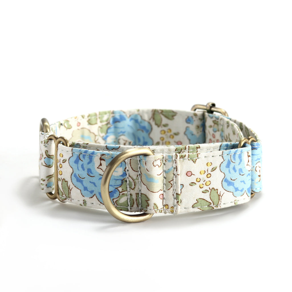100% Cotton Martingale Dog Collar Brass  Vintage Rose Blue front