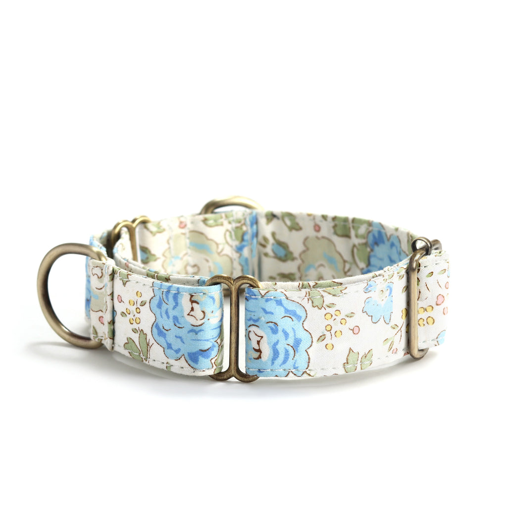 100% Cotton Martingale Dog Collar Brass  Vintage Rose Blue side