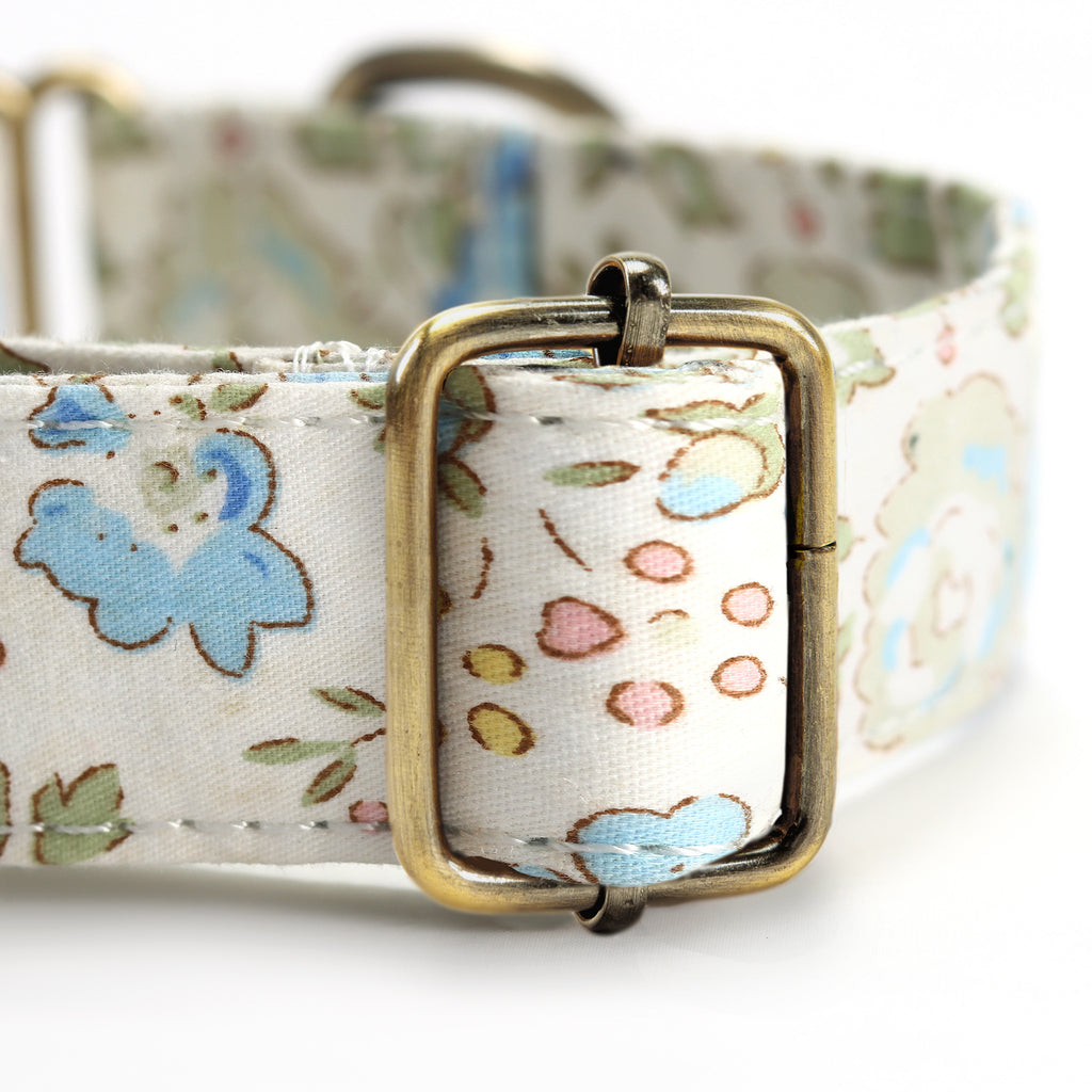 100% Cotton Martingale Dog Collar Brass  Vintage Rose Blue hardware