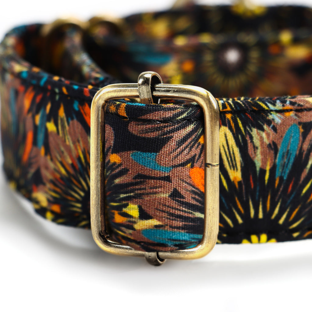 100% Cotton Martingale Dog Collar Brass Sunflowers hardware
