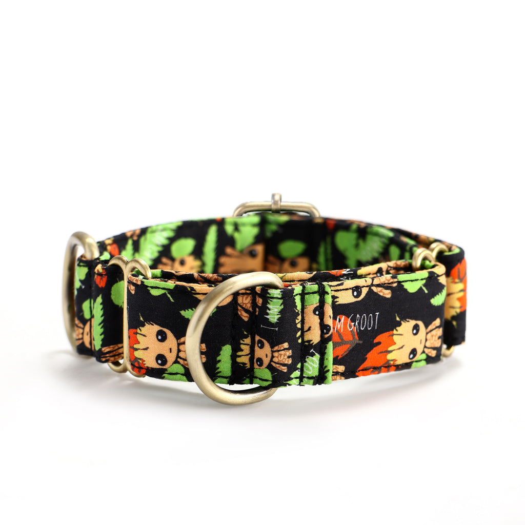 100% Cotton Martingale Dog Collar Brass  I am Groot front