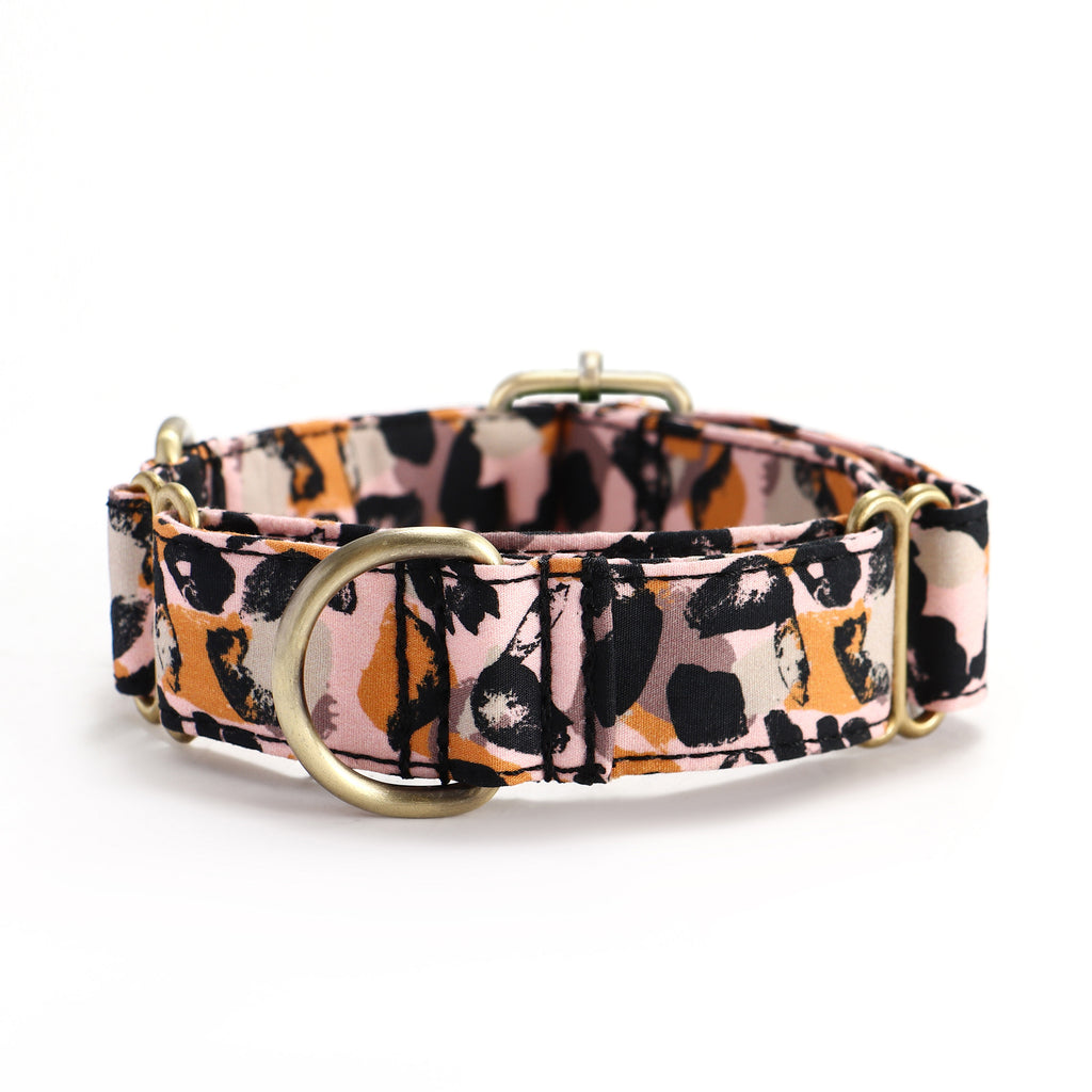 100% Cotton Martingale Dog Collar Brass  Leopard front