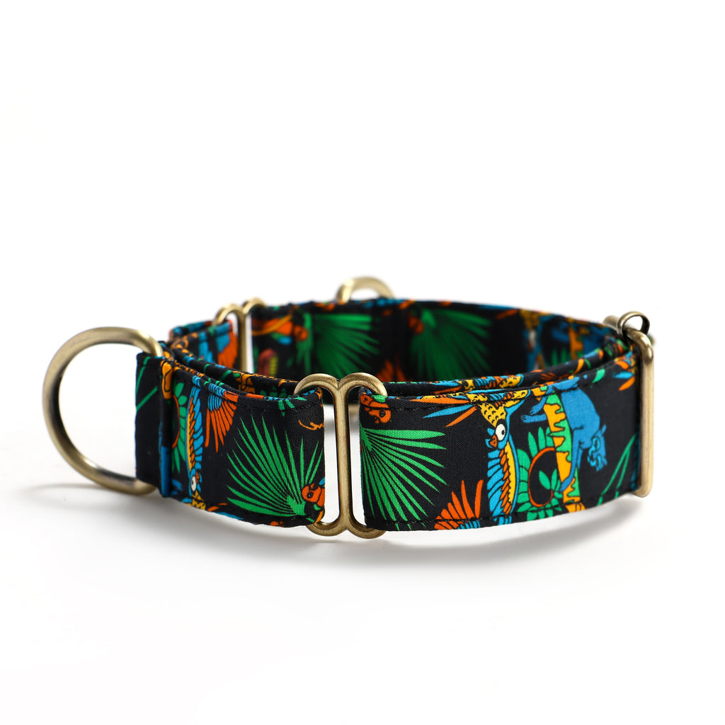 100% Cotton Martingale Dog Collar Brass Jungle side