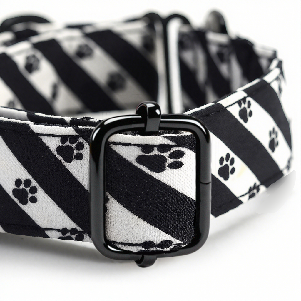 100% Cotton Martingale Dog Collar Black Puppy Paws hardware
