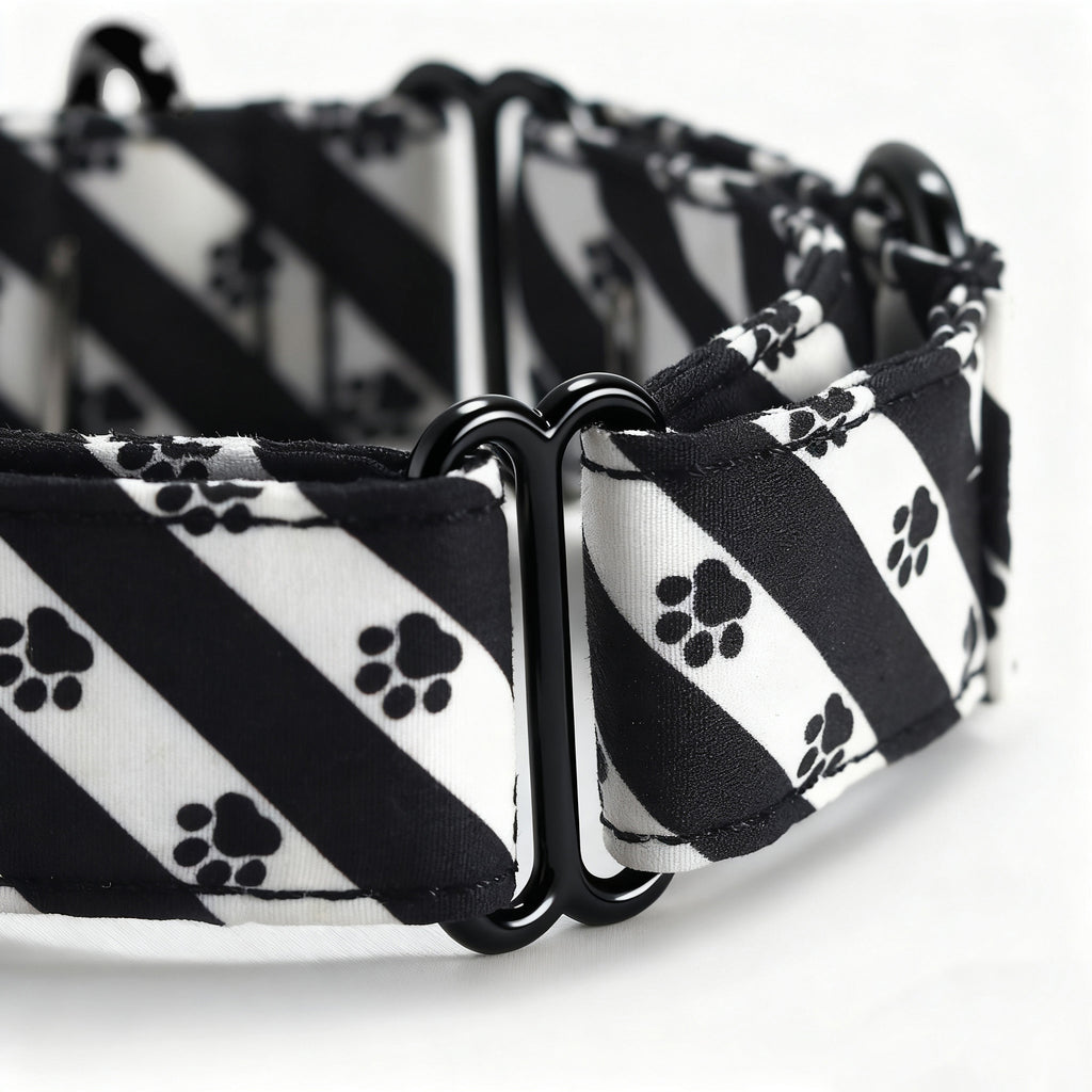 100% Cotton Martingale Dog Collar Black Puppy Paws detail