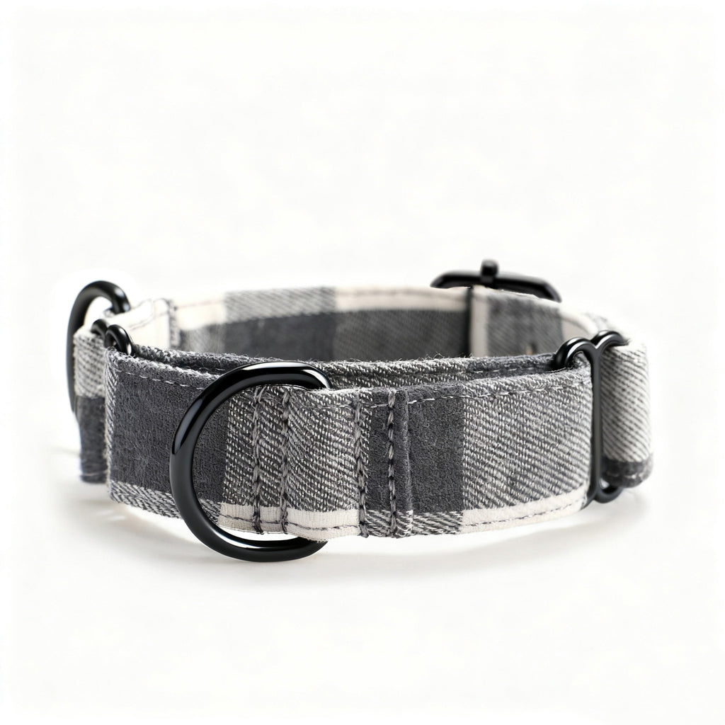 100% Cotton Martingale Dog Collar Black Plaid Grey front