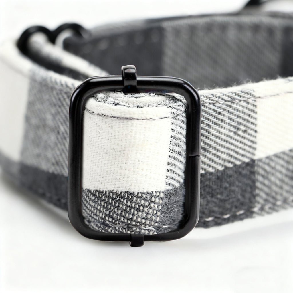 100% Cotton Martingale Dog Collar Black Plaid Grey hardware