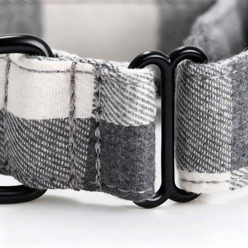 100% Cotton Martingale Dog Collar Black Plaid Grey detail