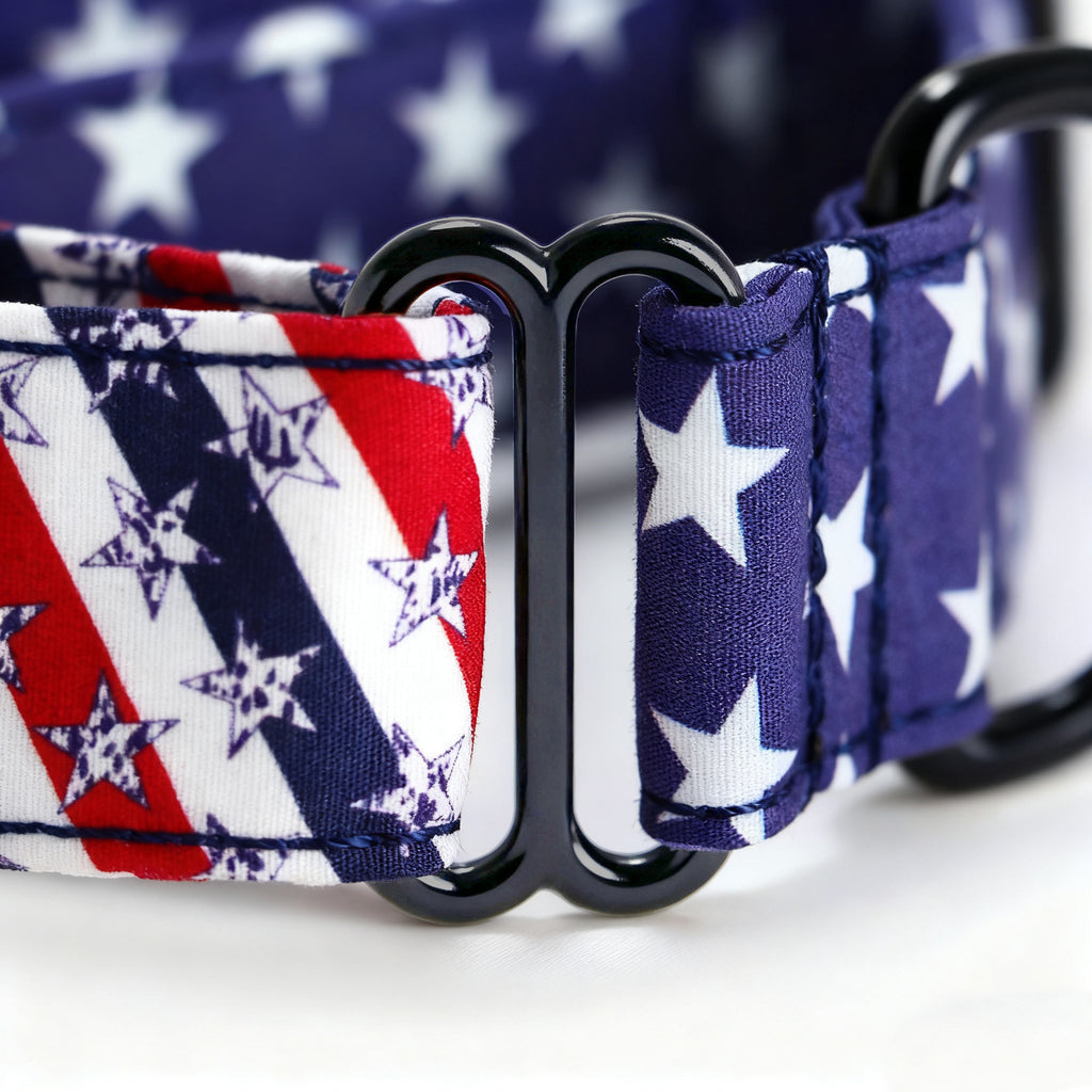 100% Cotton Martingale Dog Collar Black Stars and Stripes detail