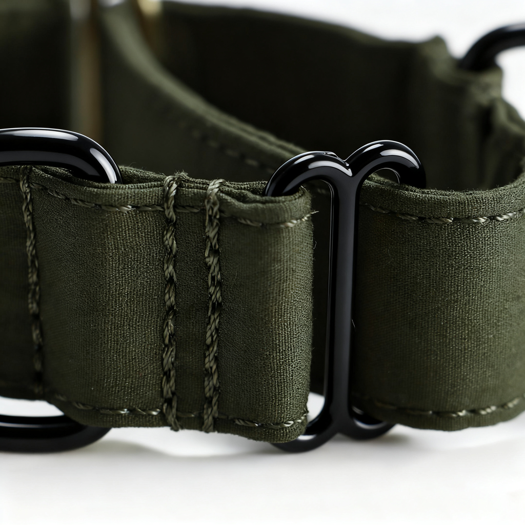 100% Cotton Martingale Dog Collar Black Military Green detail