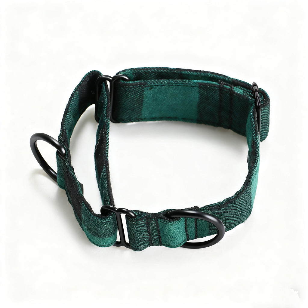 100% Cotton Martingale Dog Collar Black Plaid Green main