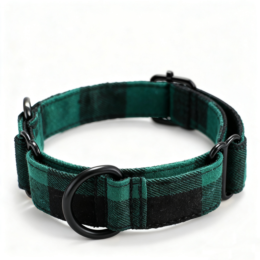 100% Cotton Martingale Dog Collar Black Plaid Green front