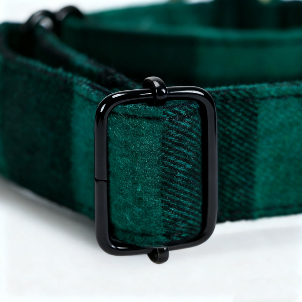 100% Cotton Martingale Dog Collar Black Plaid Green hardware