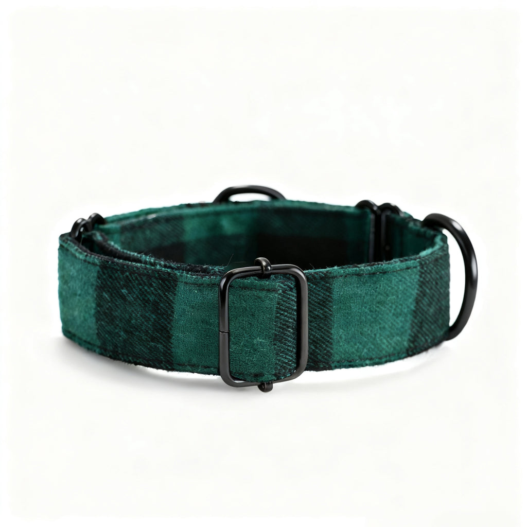 100% Cotton Martingale Dog Collar Black Plaid Green side