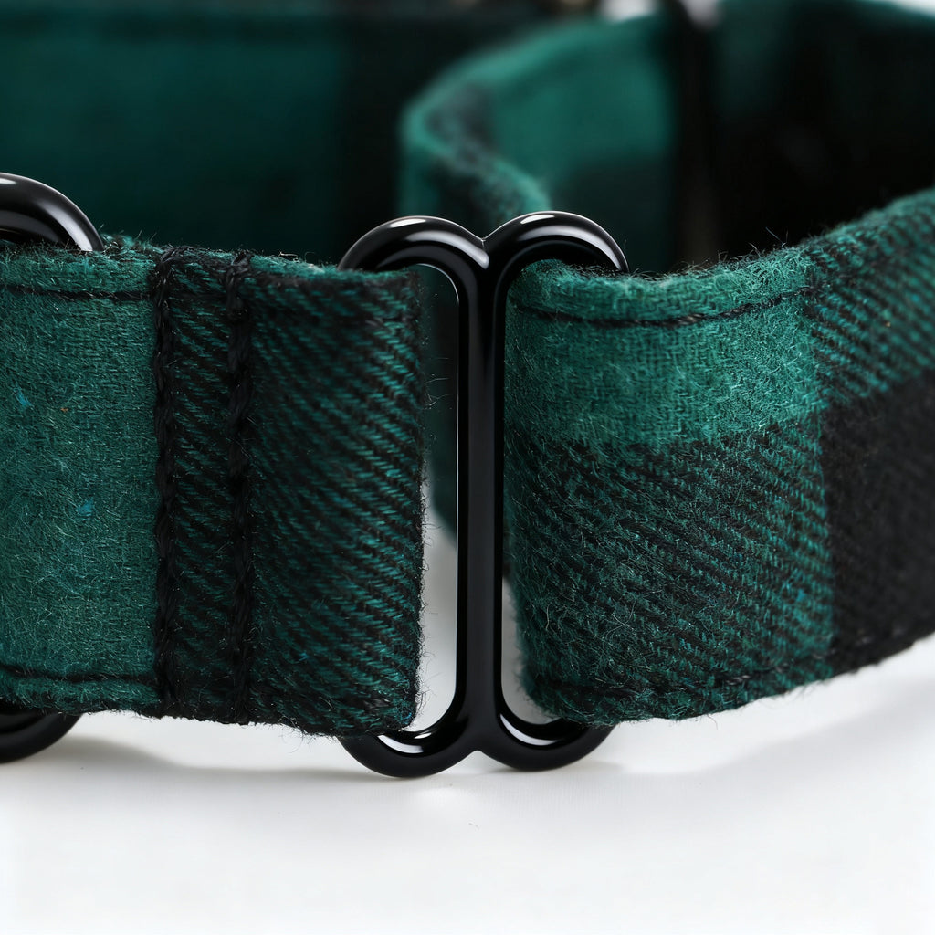 100% Cotton Martingale Dog Collar Black Plaid Green detail