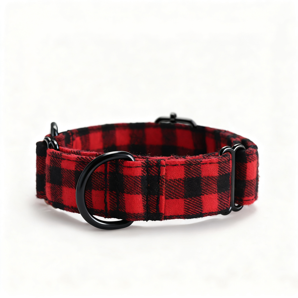 100% Cotton Martingale Dog Collar Black Buffalo Plaid Red front