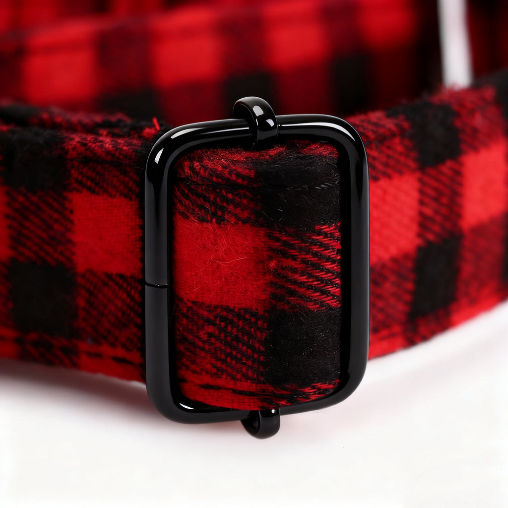 100% Cotton Martingale Dog Collar Black Buffalo Plaid Red hardware