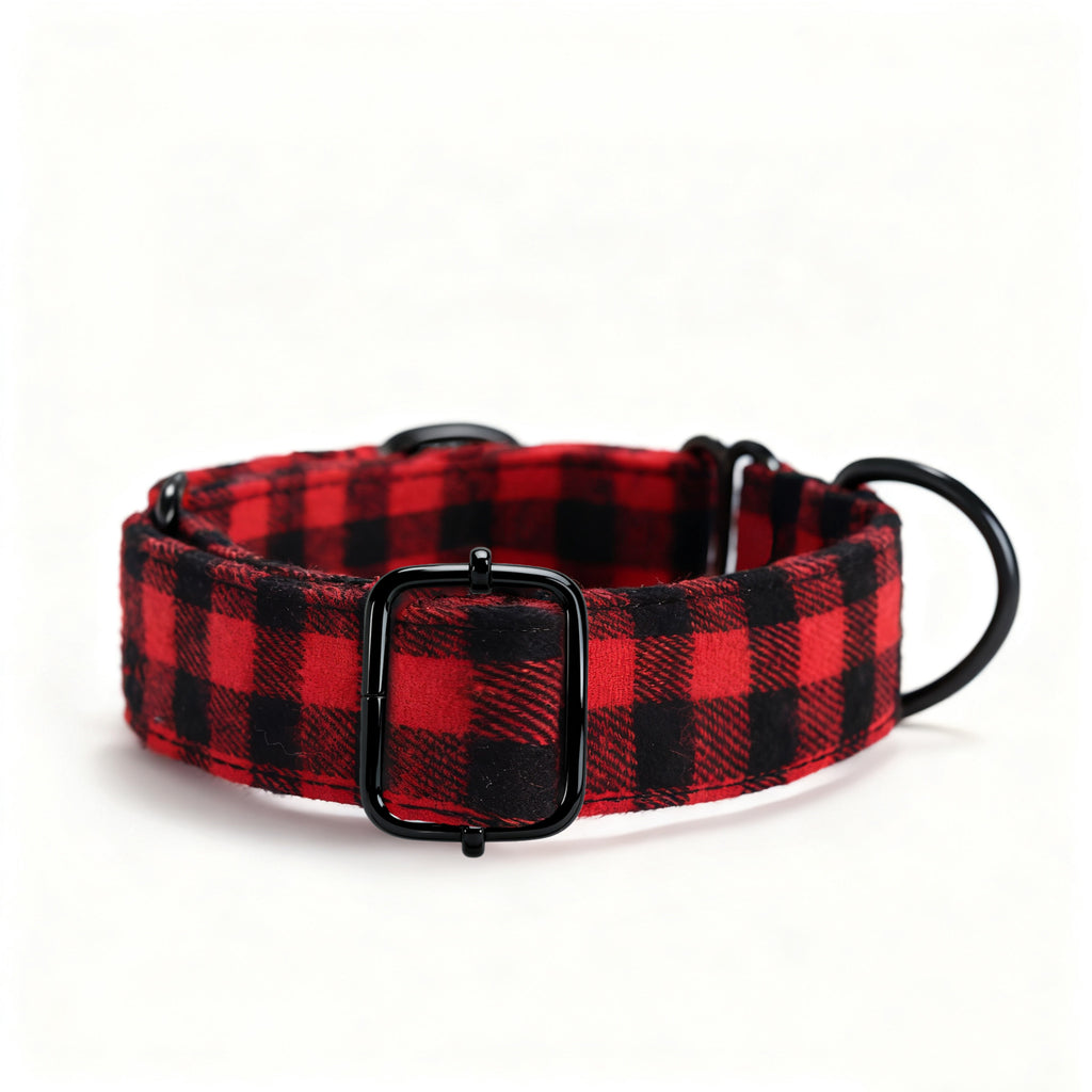 100% Cotton Martingale Dog Collar Black Buffalo Plaid Red side