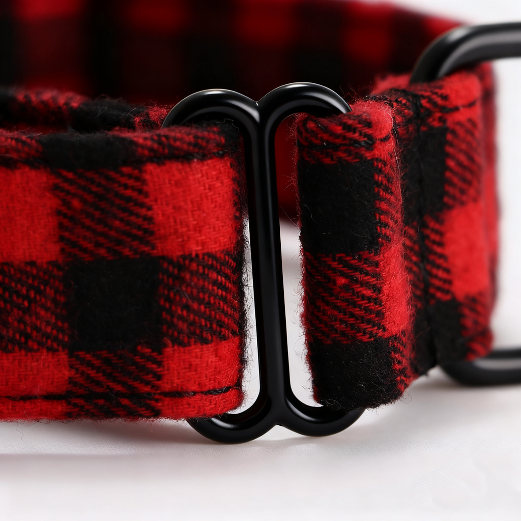 100% Cotton Martingale Dog Collar Black Buffalo Plaid Red detail