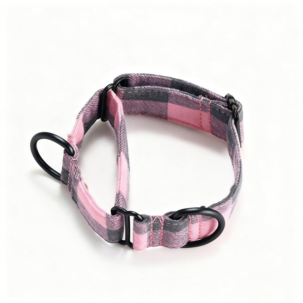 100% Cotton Martingale Dog Collar Black Plaid Pink main