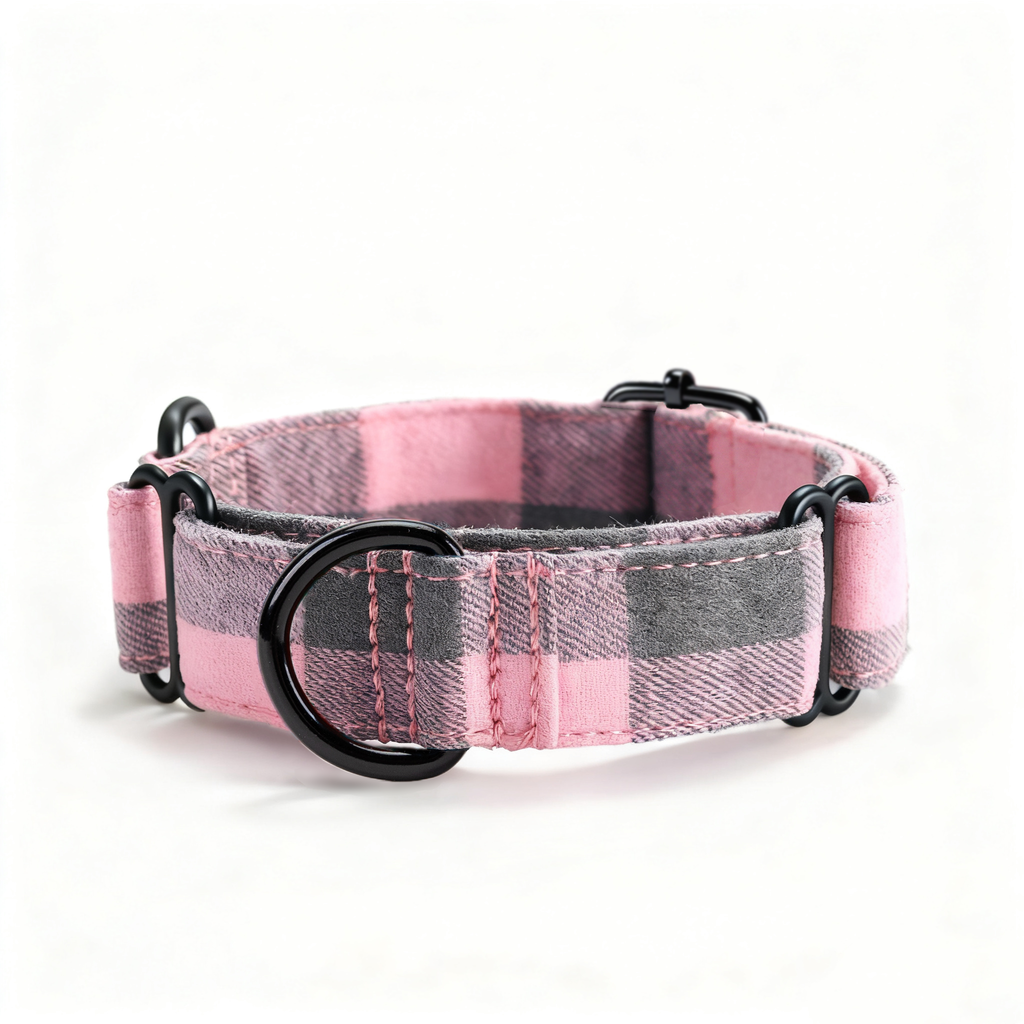 100% Cotton Martingale Dog Collar Black Plaid Pink front