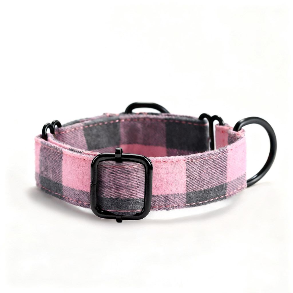 100% Cotton Martingale Dog Collar Black Plaid Pink side