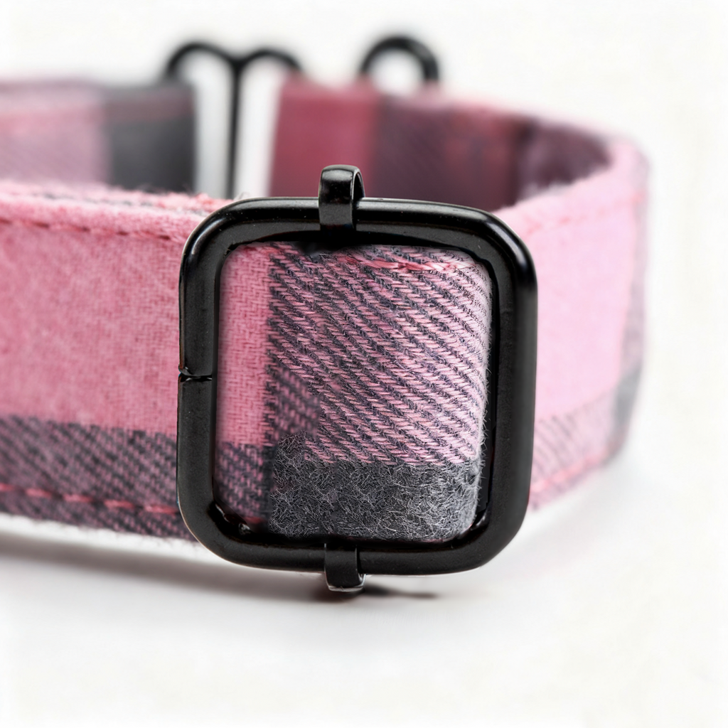 100% Cotton Martingale Dog Collar Black Plaid Pink hardware