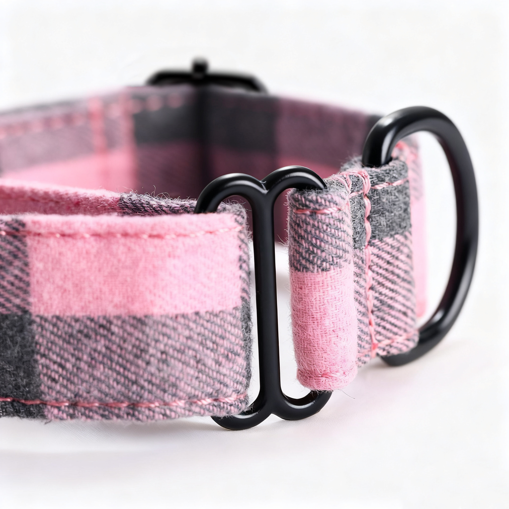 100% Cotton Martingale Dog Collar Black Plaid Pink detail