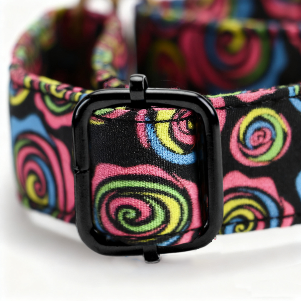 100% Cotton Martingale Dog Collar Black Roses hardware