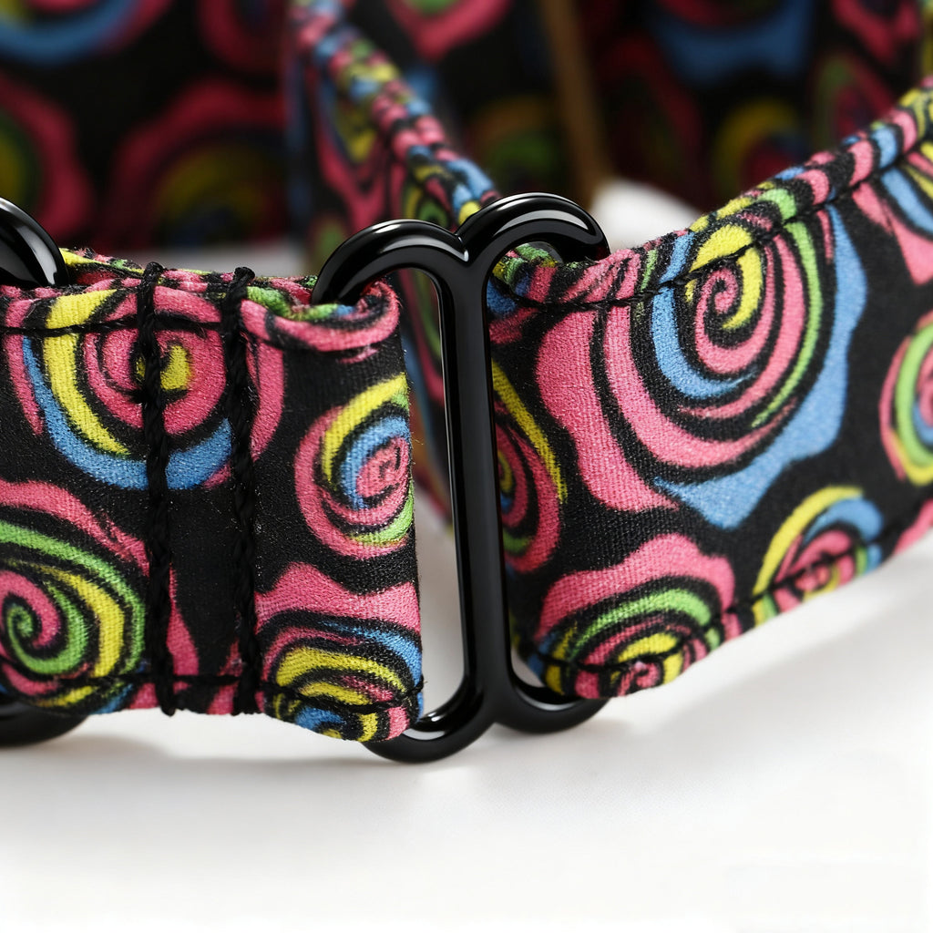 100% Cotton Martingale Dog Collar Black Roses detail