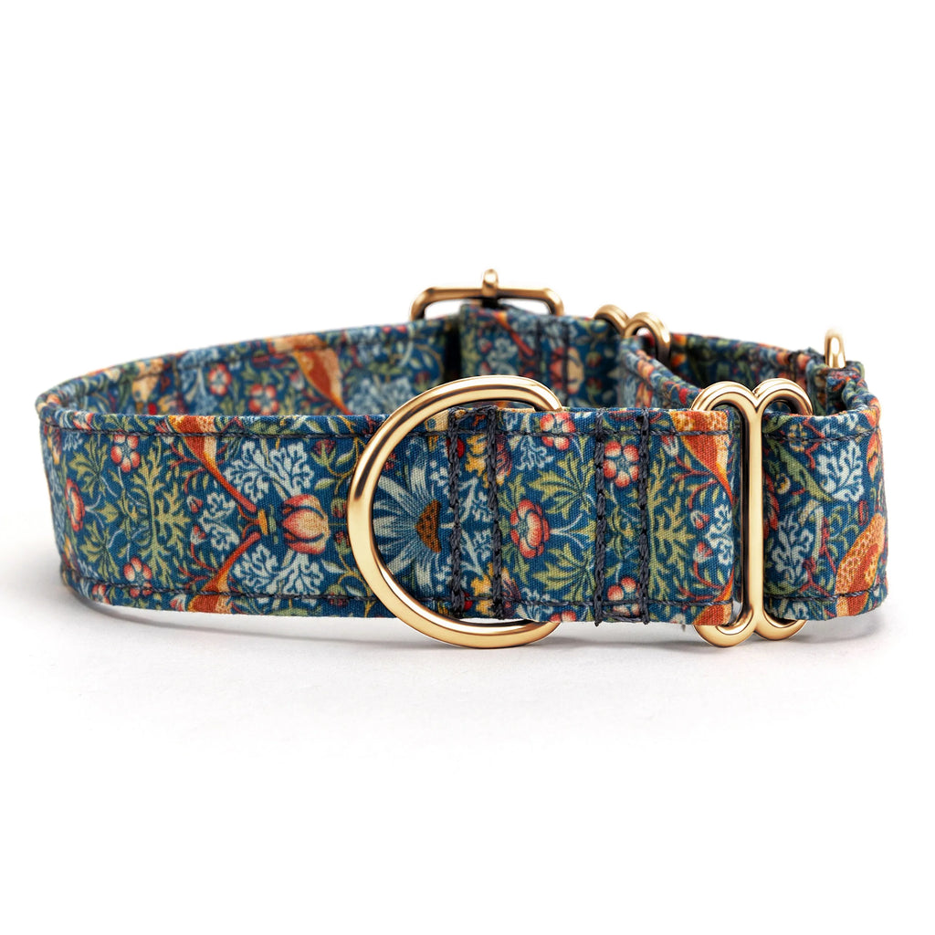 100% Cotton Martingale Dog Collar Gold Strawberry Thief front