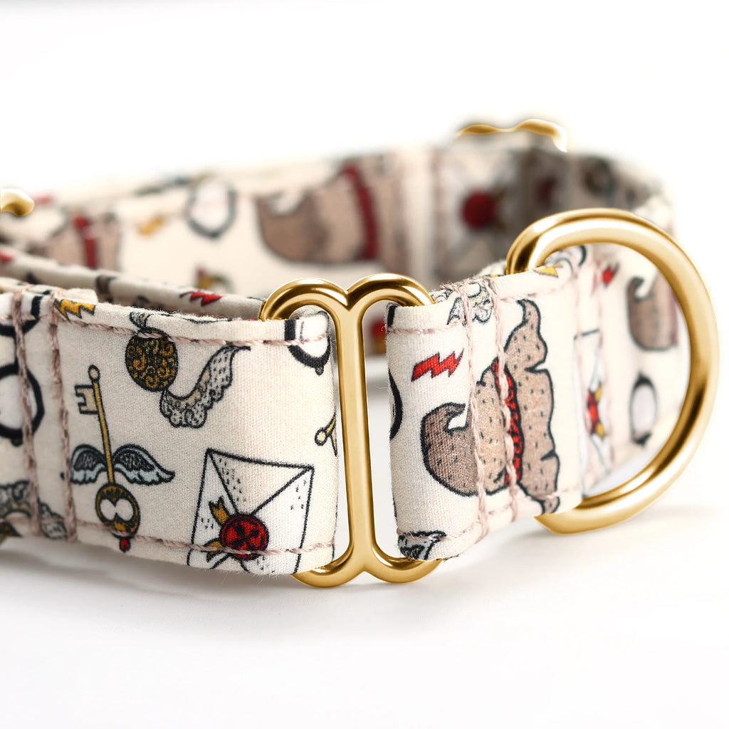 100% Cotton Martingale Dog Collar Gold Wizard School detail