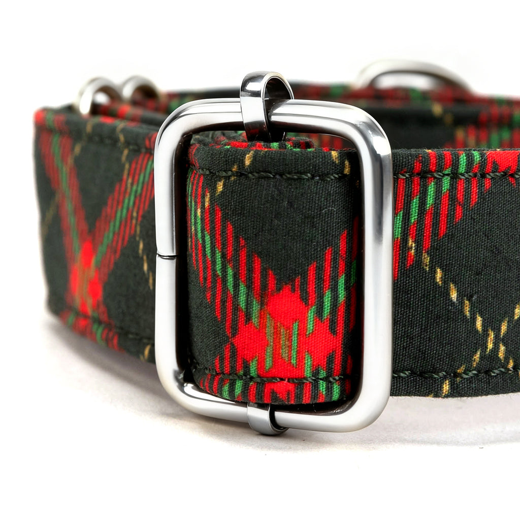100% Cotton Martingale Dog Collar Silver Christmas Plaid hardware