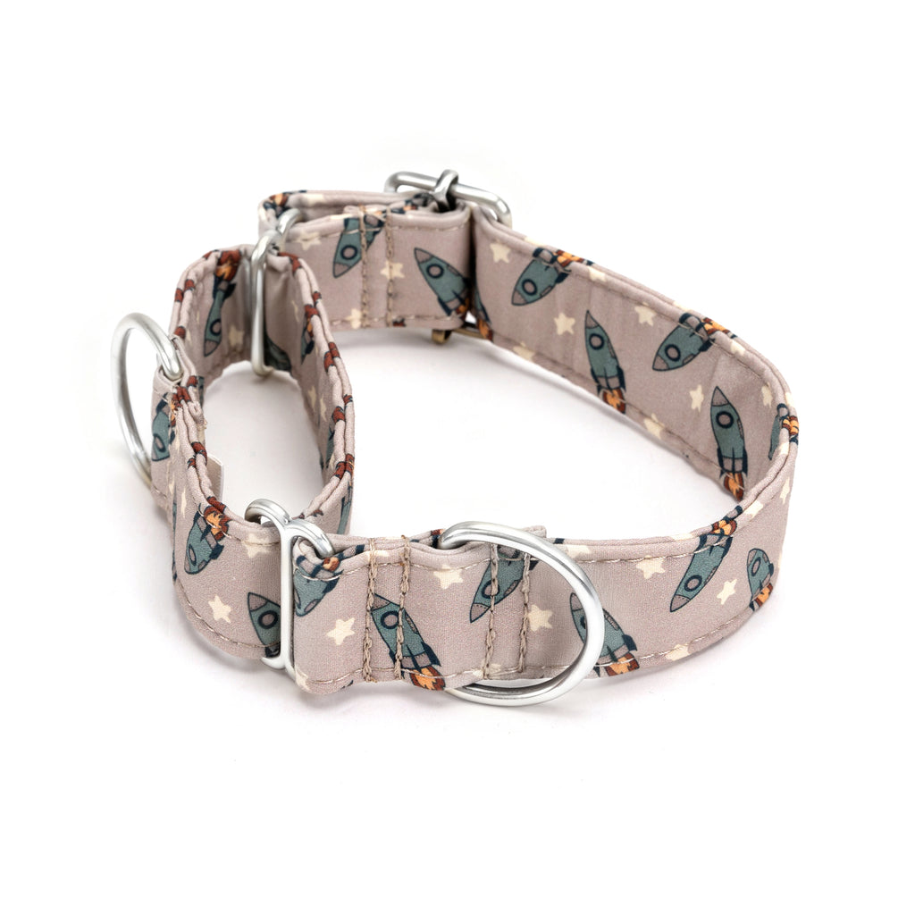 100% Cotton Martingale Dog Collar Silver Retro Rocket main