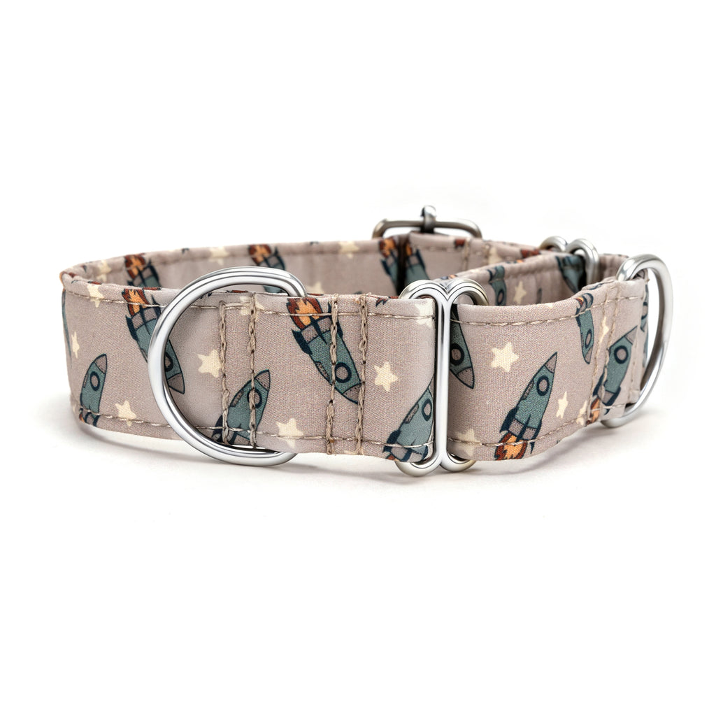 100% Cotton Martingale Dog Collar Silver Retro Rocket front