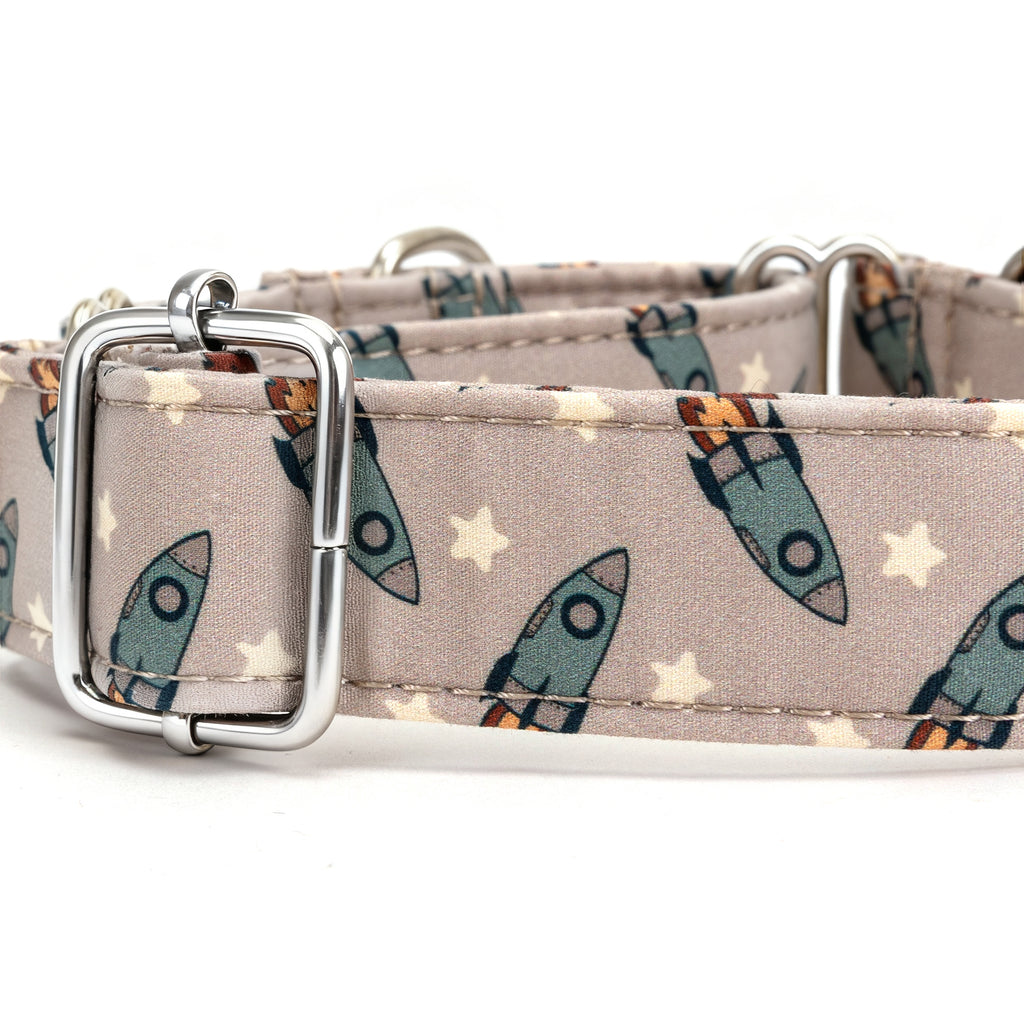 100% Cotton Martingale Dog Collar Silver Retro Rocket hardware