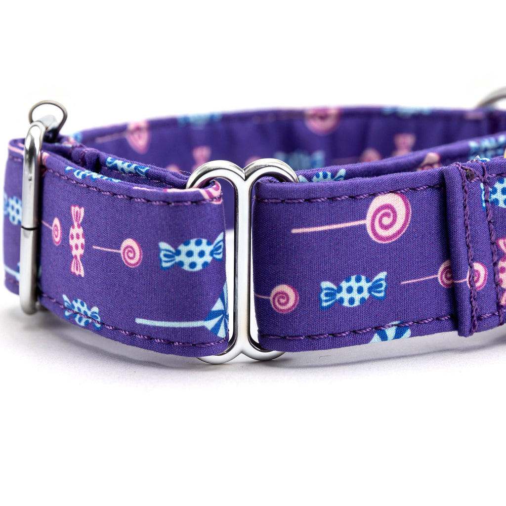 Martingale Purple Dog Collar With Silver Hardware Lollipop detail