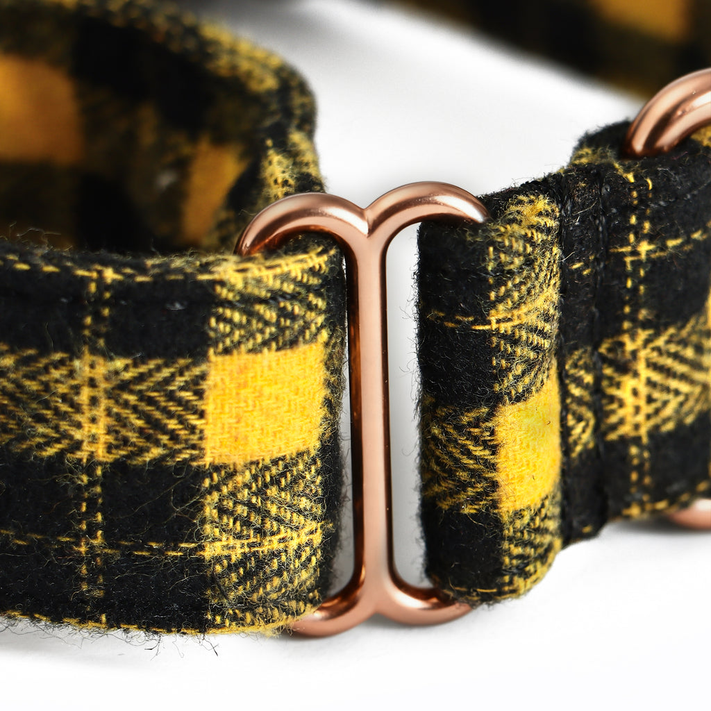 100% Cotton Martingale Dog Collar Black Watch Yellow detail