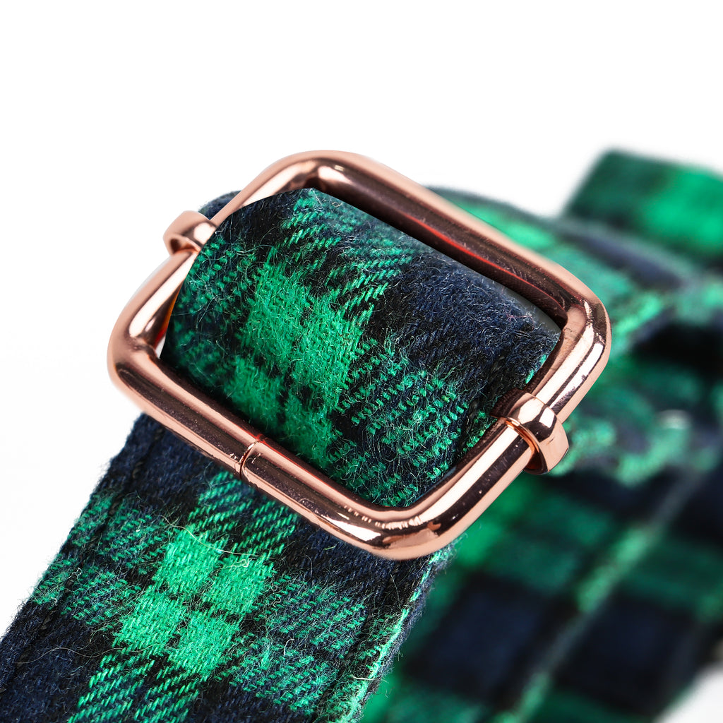 100% Cotton Martingale Dog Collar  Black Watch Lime hardware