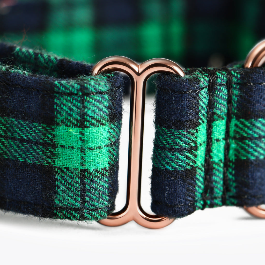 100% Cotton Martingale Dog Collar  Black Watch Lime detail