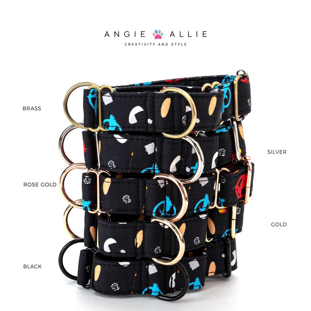 Stack of black dog collars with colorful patterns and brass, silver, gold, rose gold, black hardware on a white background, featuring Angie Allie branding