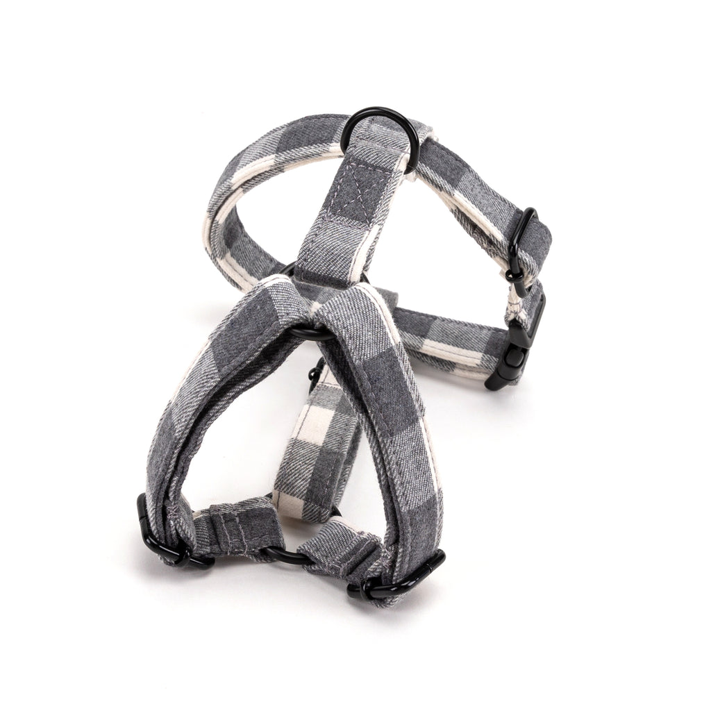 100% Cotton Adjustable No Pull Dog Harness Plaid Grey back