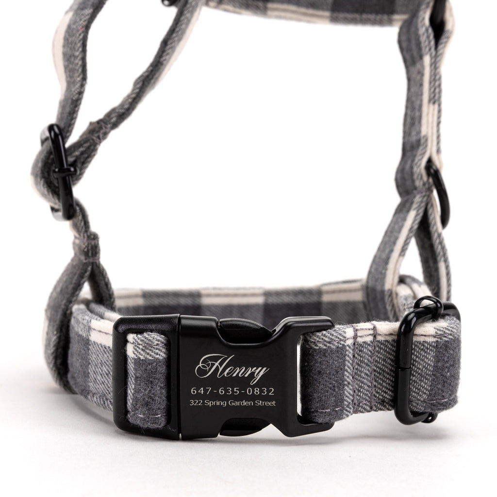 100% Cotton Adjustable No Pull Dog Harness Plaid Grey front