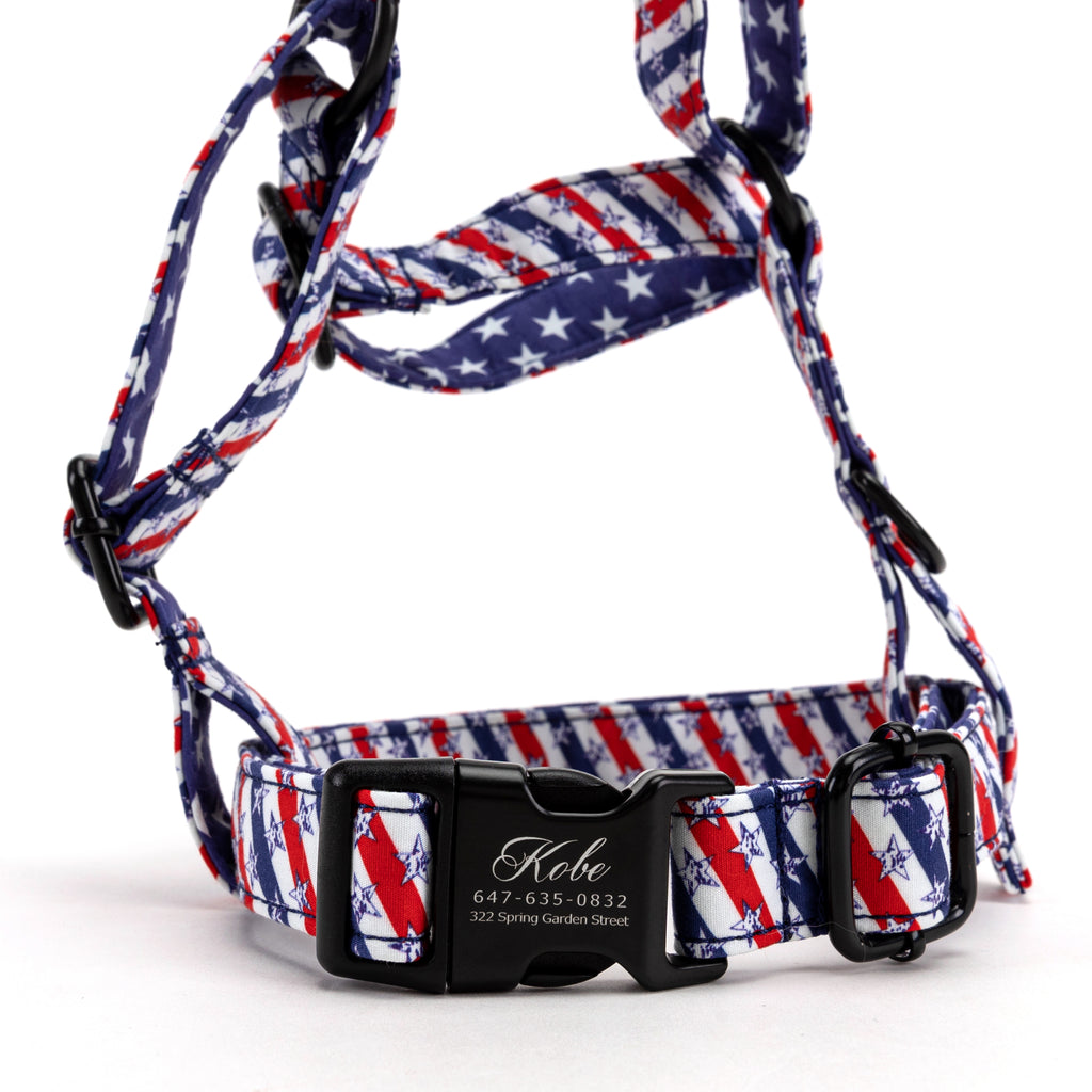 100% Cotton Adjustable No Pull Dog Harness Stars and Stripes front