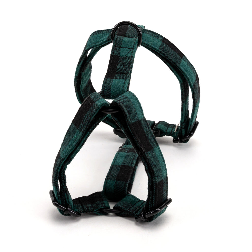 100% Cotton Adjustable No Pull Dog Harness Plaid Green BACK