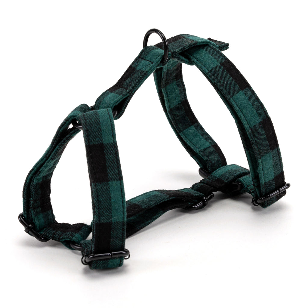 100% Cotton Adjustable No Pull Dog Harness Plaid Green SIDE